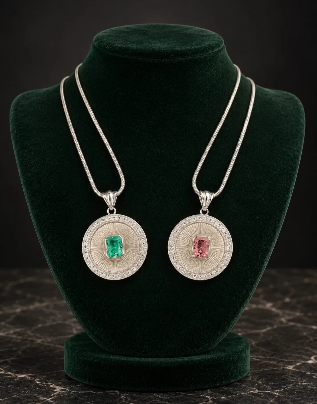 Güneş desenli çerçeveli zümrüt veya pembe taşlı madalyon kolye